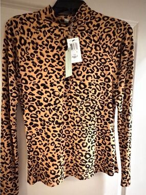 Skies Are Blue Leopard Print Long Sleeve Mock Neck  - Tan & Black small rayon